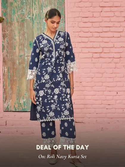 My Roli Navy Kurta Set features a beautiful floral print and delicate lace trim. It's a modern and chic take on the traditional kurta.