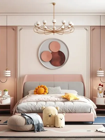 A lovely girl's bedroom in a soft pink palette with classic wall molding. The design is elegant and timeless, featuring cute bear-themed decor and a stylish chandelier.
