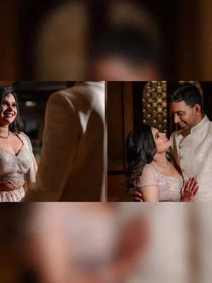 A collage of sweet, candid moments between a couple during their engagement celebration, showing their easy and natural chemistry.