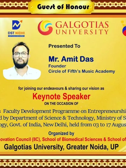 Our founder, Amit Das, was honored to be a keynote speaker at a Faculty Development Programme on Entrepreneurship, sharing his vision for music education.
