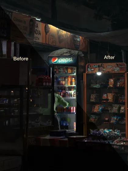 A simple corner store at night. The edit transforms a dark, underexposed image into a vibrant scene, making the colors from the Pepsi fridge and snack displays pop with a moody, cinematic quality.