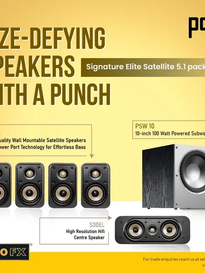 This Polk Signature Elite Satellite 5.1 package delivers size-defying sound with a punch. It includes four S10EL satellite speakers, an S30EL center channel, and a PSW 10 powered subwoofer for high-resolution cinematic sound from a compact system.