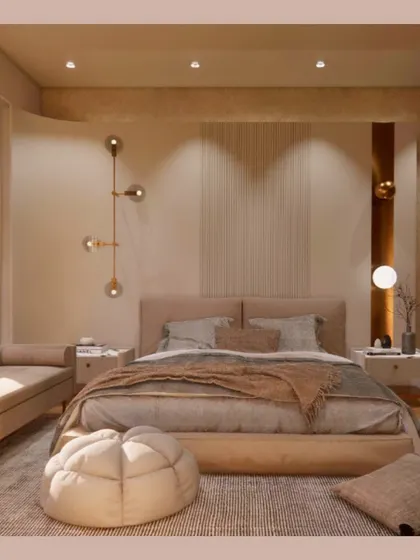 We designed this bedroom specifically for an elderly person, focusing on balancing aesthetics with ergonomics. The soft, monochromatic palette of taupes and beiges, combined with tactile textures, creates a space that is both beautiful and easy to navigate.