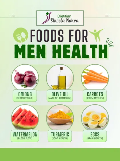 These six foods are excellent for men's health. Onions for testosterone, olive oil for anti-inflammatory benefits, carrots for sperm motility, and eggs for brain health.
