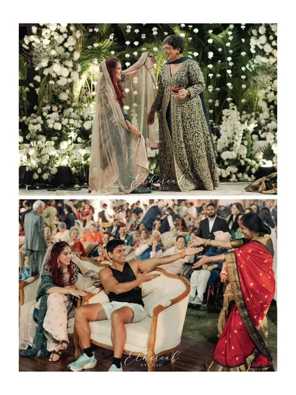 A collage showing the fun and games of the signing ceremony, with family members from both sides participating. It highlights the joyful, interactive nature of this unconventional wedding.