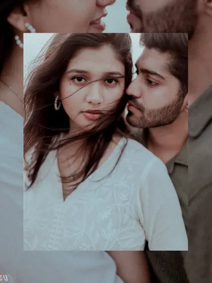 A creative, layered portrait of the couple, focusing on their intense and loving gaze.