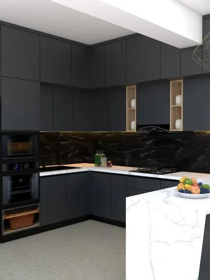 A complete view of a modern kitchen layout, combining matte black cabinetry with a white marble peninsula for a bold contrast. The design includes a dedicated bar area, making it perfect for entertaining.