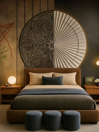 This bedroom features a striking circular art piece that blends intricate mandala patterns with modern 3D textures. The earthy color palette and simple furnishings create a space that feels both artistic and grounded.