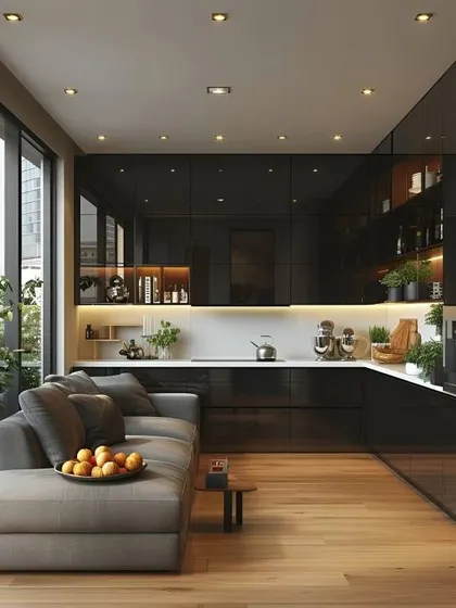 An open-plan kitchen and living space with glossy black cabinets and a comfortable L-shaped sofa. This design is ideal for compact apartments, seamlessly blending the cooking and relaxation areas.