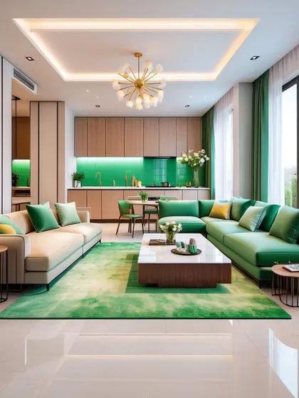 An open-plan living and kitchen area with a refreshing green color scheme. The design feels harmonious and connected, perfect for modern family living.
