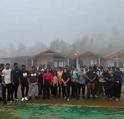 The whole group together after the Netravati Peak trek. This challenging and rewarding trek is one of our signature monsoon adventures.