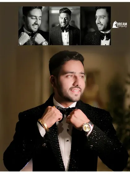 A collage of groom Manav looking dapper in his tuxedo, getting ready for his ring ceremony.