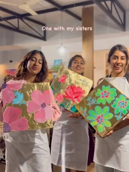 Three sisters showing off their gorgeous gold leaf floral paintings. It was a fun and enriching experience they could share together.