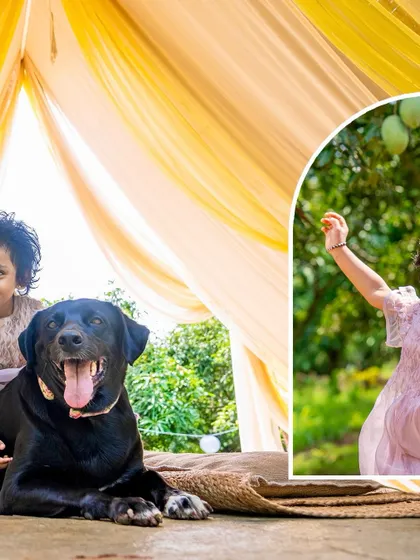 A collage showing a young girl with her black lab and another shot of her playing outdoors, capturing the joy of childhood with a pet.