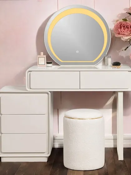 This image shows the Pure Precision set with a different stool option, demonstrating the versatility of our collection. The focus is on high-quality wood construction, ambient LED lighting, and extensive storage.