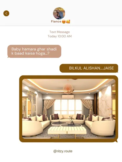 A home that feels "alishan" or grand. This luxurious living room features curved sofas, a false ceiling with cove lighting, and marble-clad walls, creating a truly opulent space.