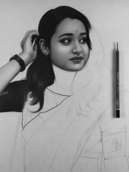 An in-progress view of a commission. The face is nearly complete, and you can see the initial outlines for the rest of the composition.