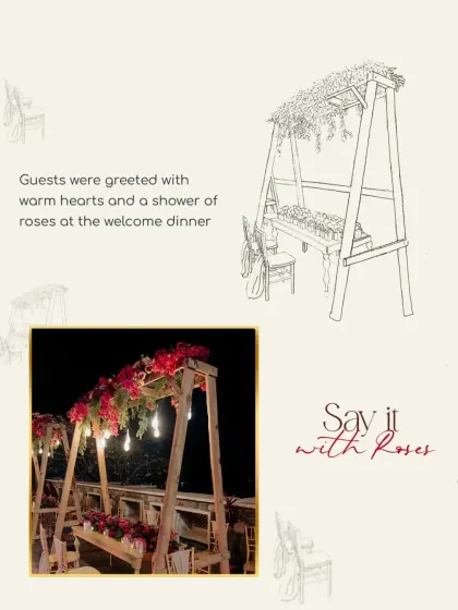 A sketch of the welcome dinner setup, illustrating the rustic wooden structure adorned with roses and hanging lights by the pool.