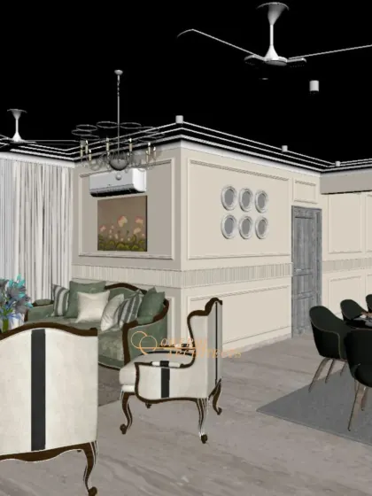 The initial wireframe model, which helps in establishing the layout, proportions, and core architectural elements of the space.