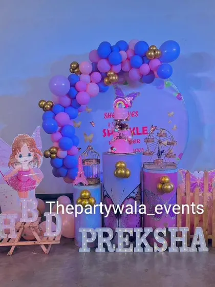 A fairy tale theme with a 'She leaves a little sparkle' backdrop and a blue and pink color scheme.