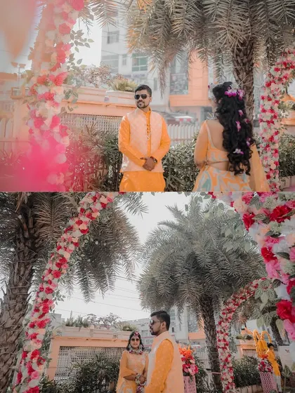 This collage captures a playful "first look" moment during the Haldi ceremony. The images show the groom waiting for his bride, creating a sweet and candid narrative.