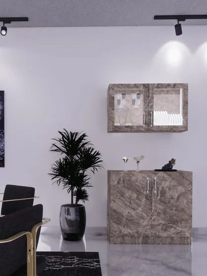 A minimalist crockery unit concept in a grey marble finish, perfect for a modern dining space with track lighting.
