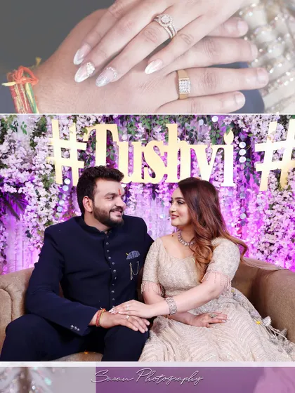 A collage from an engagement ceremony, showing a close-up of the rings on their hands and the couple seated together.