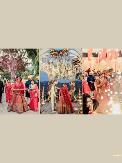 A collage showcasing key moments of the wedding ceremony, including the bridal entry and the Varmala exchange.
