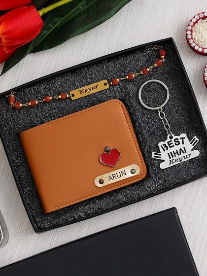 Here is the tan color option for the wallet in my "Must Gift" Rakhi combo, personalized with a heart charm.