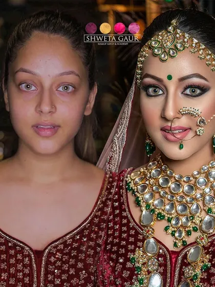 A breathtaking bridal transformation. This image shows the transition to a flawless bridal look, complete with dramatic winged eyeliner, a perfectly blended base, and stunning green and gold jewelry that makes the entire look pop.