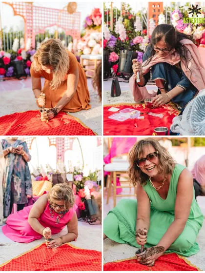 A collage showing guests enjoying a traditional bangle-making station at a Mehendi. We love incorporating interactive cultural activities that engage guests and add a memorable touch.