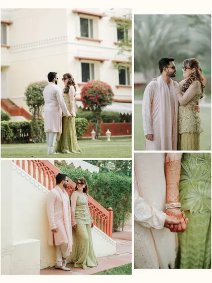 A four-panel collage showcasing the couple's romantic portraits in a garden and against heritage architecture, including a close-up of their intertwined hands.