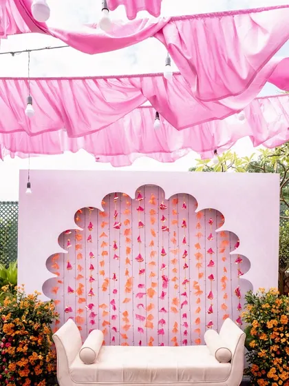 A full view of the at-home Mehendi setup, showing how I can transform any space into a beautiful and festive venue for pre-wedding celebrations.