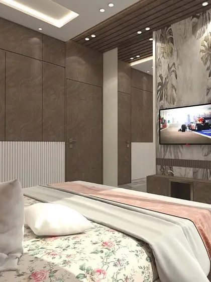 An alternate perspective of the Dadar master bedroom render. This view shows how the TV unit is cleverly integrated into a mirrored and wallpapered panel, which also serves as a partition for the dressing area.