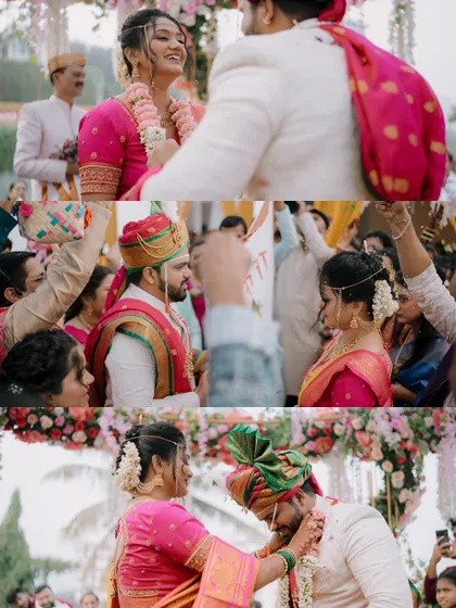 A collage of the 'varmala' and other wedding rituals, filled with smiles and happy tears.
