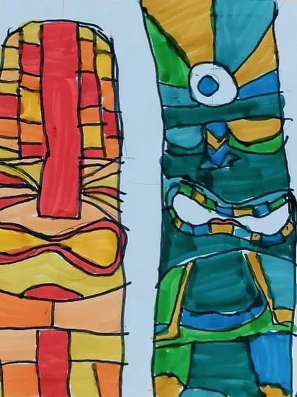 These expressive tiki masks show how we explore cultural art forms. Lessons like this expand a child's visual library and introduce them to art from around the world.