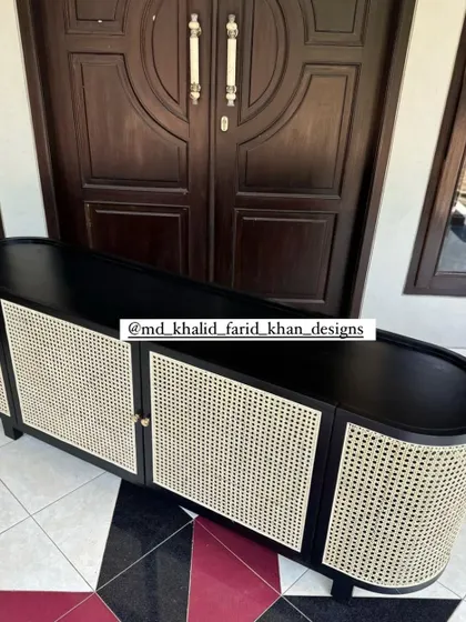 A top-down view of the unique oval sideboard.