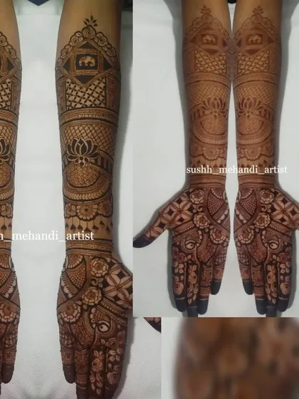 A collage showing the full view of a bridal design with elephant and lotus motifs, along with a close-up of the palm work.