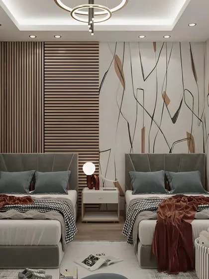 A stylish shared bedroom with a sophisticated grey and brown color palette. The textured wall panels and abstract wallpaper create a modern and grown-up look.