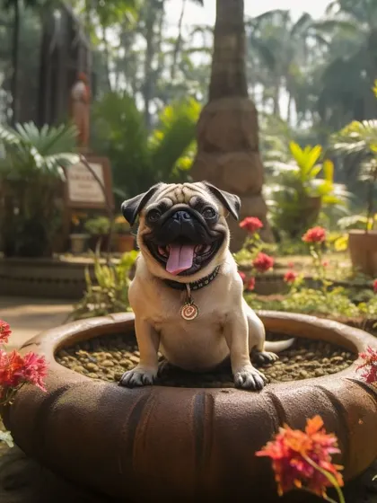 This playful pug found a new favorite spot right in one of our large planters. We love seeing their quirky personalities shine.