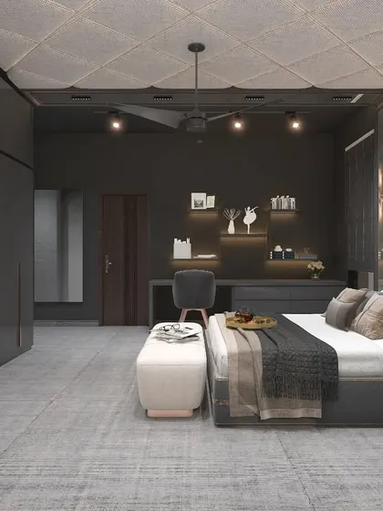 A wide view of the dark-themed bedroom, showing the balance of textures from the glossy wardrobe to the soft headboard.