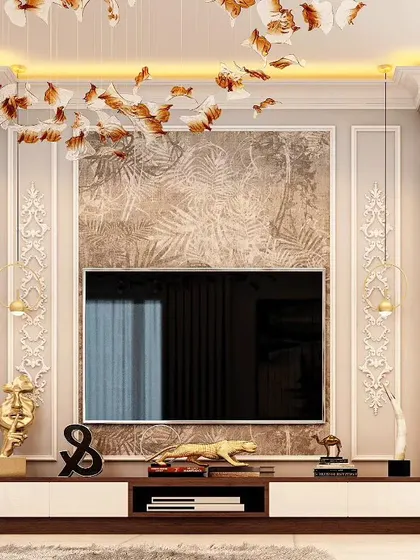 This television unit is a masterclass in neoclassical design. We framed the TV with ornate white columns and a textured back panel, while a butterfly-themed chandelier adds a whimsical and artistic touch to the living area.