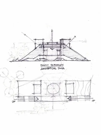 Conceptual sketches for the Pechimuthu Memorial, showing the front elevation and plan. Our process for public architecture begins with symbolic forms that evoke emotion and memory.