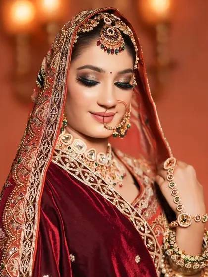 A beautiful portrait of the bride, showing off her intricate jewelry and the flawless finish of her makeup.