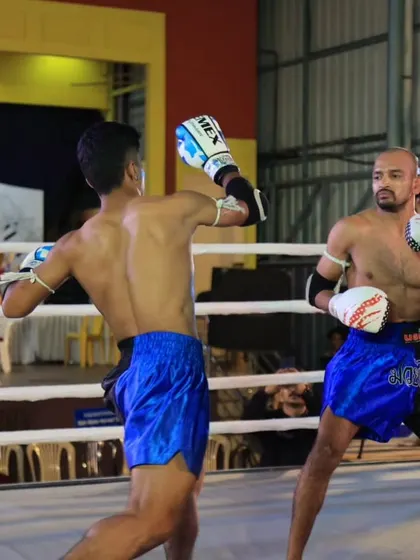 Edukondal Rao in a heated striking exchange during his co-main event at THAI Battle 2023. His Muay Thai skills were on full display.