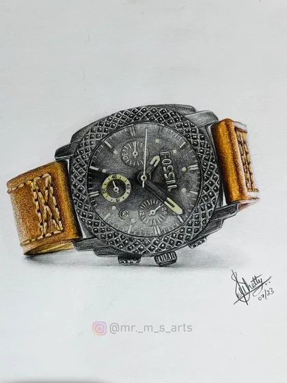 This piece is from my 'Click and Draw' series, where I recreate objects with photorealistic precision. Using color pencils, I drew this Fossil watch, focusing on the metallic sheen, the texture of the leather strap, and the reflections on the glass.