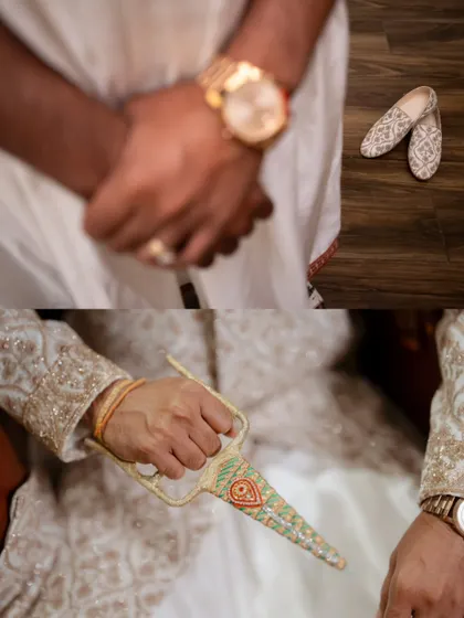 A collage of the groom's accessories. The traditional sword, elegant shoes, and classic watch are all important details that complete his wedding day look and tell a story of regal elegance.