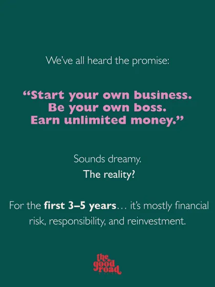 The promise versus the reality of being your own boss. This slide contrasts the dream of unlimited money with the reality of financial risk and reinvestment for the first 3 to 5 years.