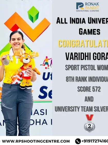 Congratulations to Varidhi Goray for her performance at the All India University Games, securing a University Team Silver Medal in the Sport Pistol Women event.