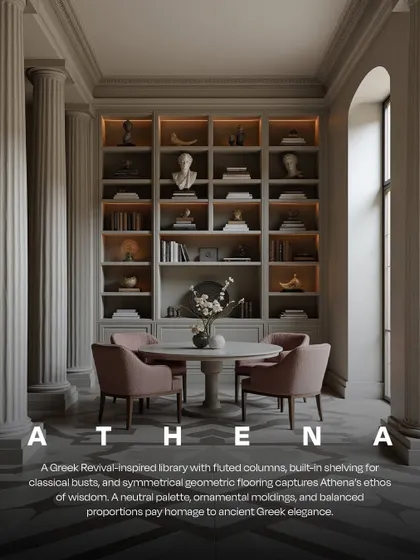 This AI-generated library is inspired by Athena, the goddess of wisdom. The Greek Revival style with fluted columns, built-in shelving for classical busts, and a neutral palette pays homage to ancient elegance and knowledge.